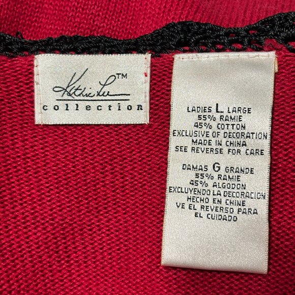 Kathie Lee Red Black Embroidered Cardigan L Ramie Cotton Vintage Grandmacore - Picture 12 of 16